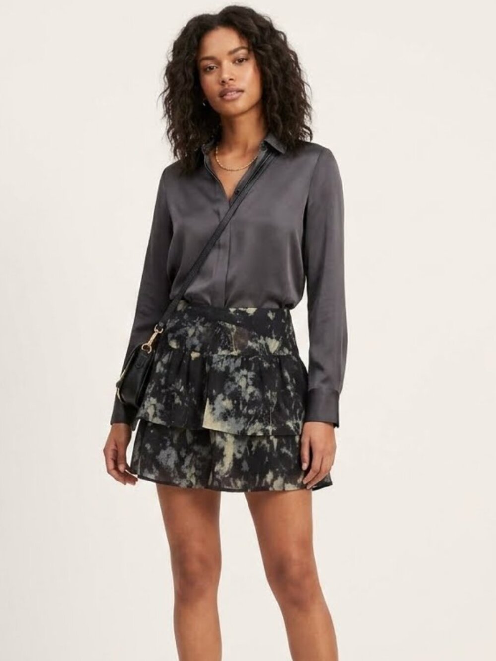 IRO Silk Lined Black and Grey Ruffle Floral Women’s Skirt sz S EUC